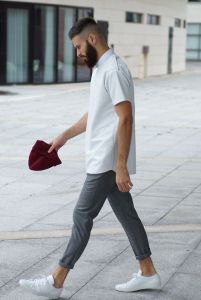 White-Solid-Shirt-Grey-Ankle-Length-Pants
